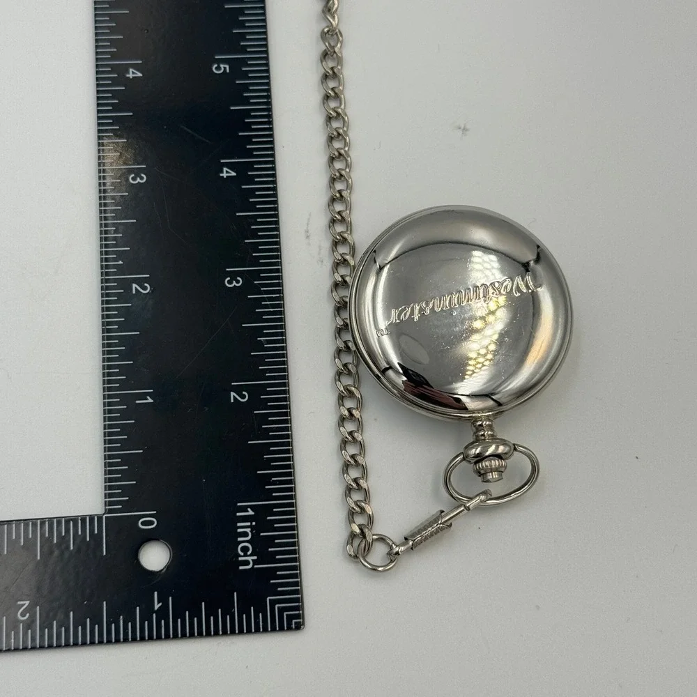 Westminster Wolf Pocket Watch Silver‎ Tone Hunter Case Wildlife Graphic & Chain